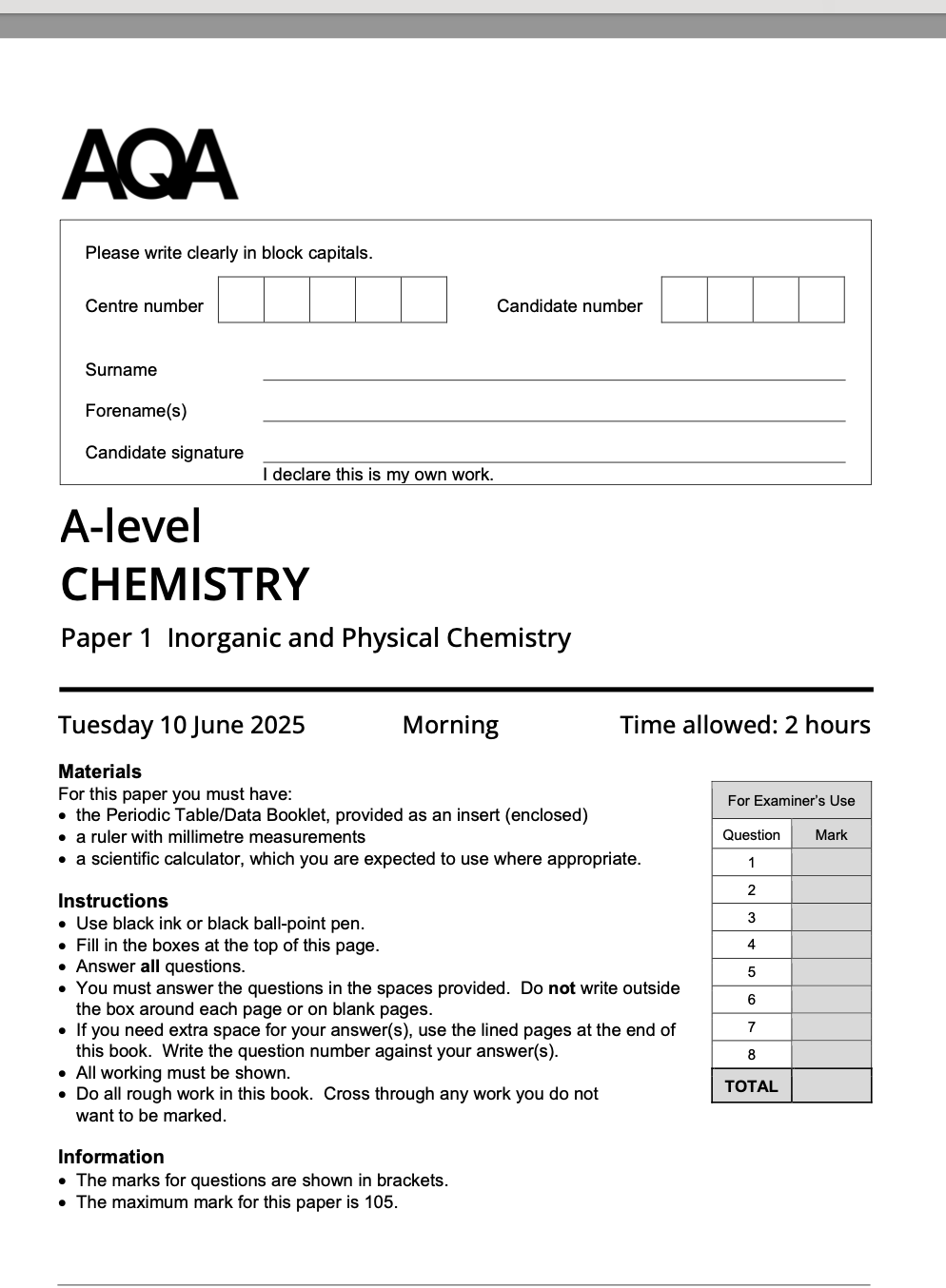 EXAMPRO QUESTION BANK - AQA A-LEVEL CHEMISTRY + 2025 papers