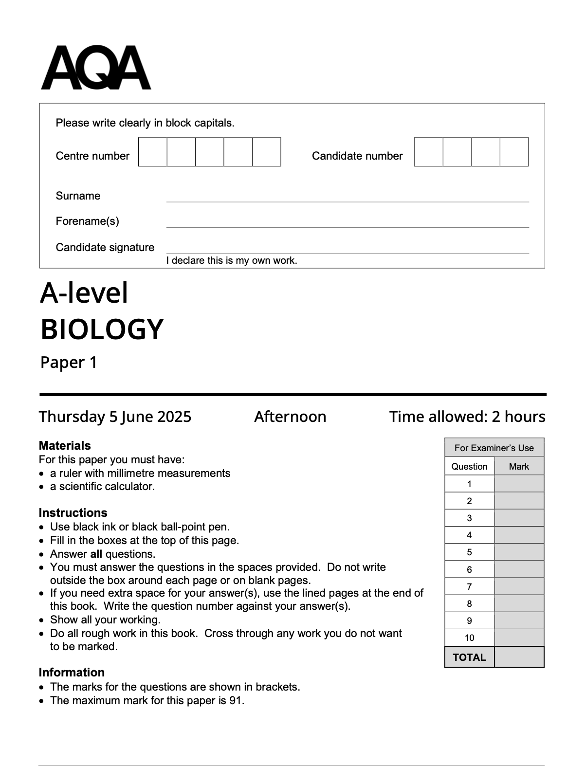 EXAMPRO QUESTION BANK- AQA A-LEVEL BIOLOGY + 2025 Papers